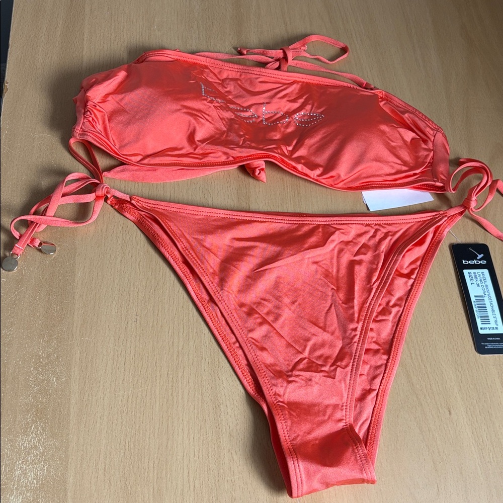 NWT bebe Orange-Red Tie-Back Bikini Top and Side-Tie Bottoms
